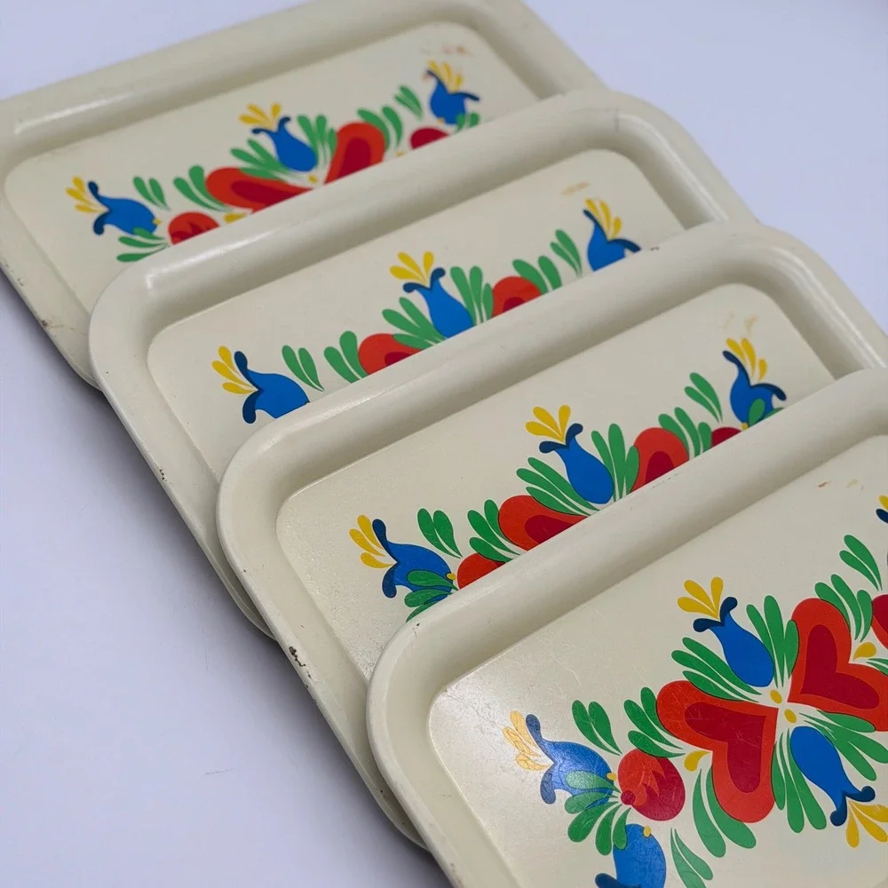 Vintage Scandinavian Folk Art Metal Trays Set of 4 Hearts Tulips Rosemaling MCM